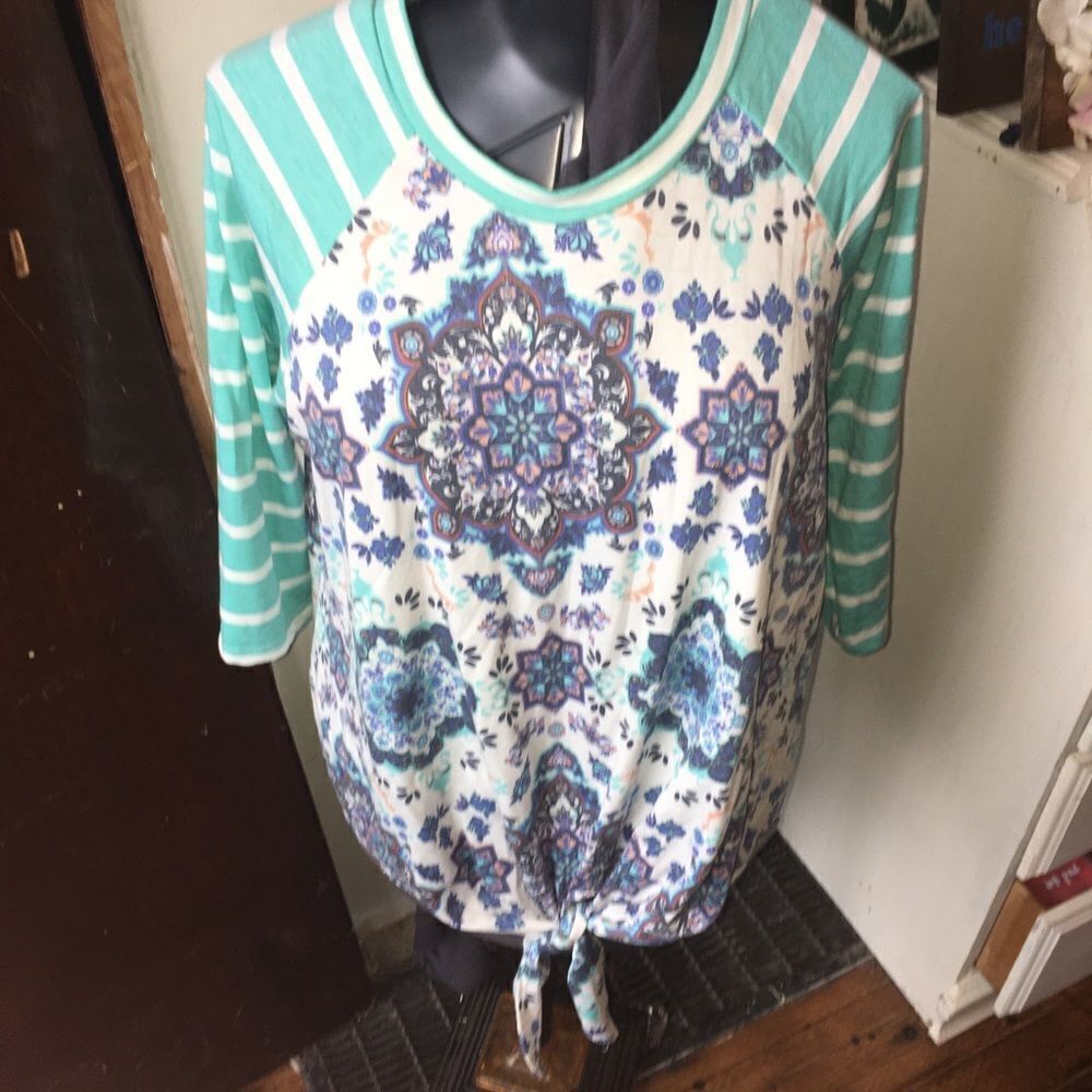 Lily Sky XL boutique tie front baseball tee, floral bodice and striped arms